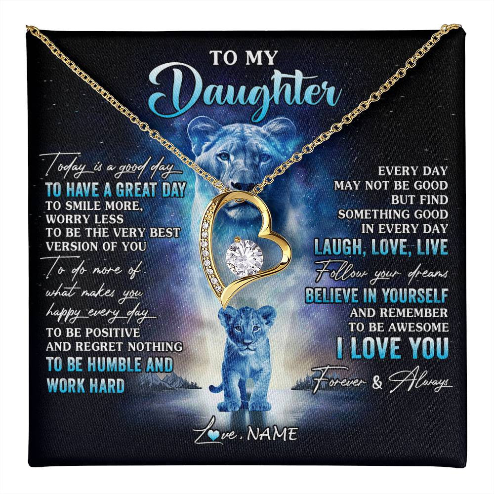 Forever Love Necklace 18K Yellow Gold Finish | 1 | Personalized To My Daughter Lion Necklace From Mom Mother Every Day Laugh Love Live Daughter Birthday Graduation Christmas Customized Gift Box Message Card | teecentury