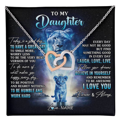 Interlocking Hearts Necklace Stainless Steel & Rose Gold Finish | 1 | Personalized To My Daughter Lion Necklace From Mom Mother Every Day Laugh Love Live Daughter Birthday Graduation Christmas Customized Gift Box Message Card | teecentury