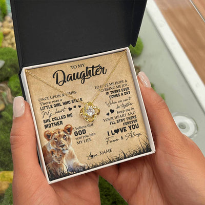 Love Knot Necklace 18K Yellow Gold Finish | Personalized To My Daughter Lion Necklace From Mom Mother I'll Stay There Forever Daughter Birthday Graduation Christmas Customized Gift Box Message Card | teecentury