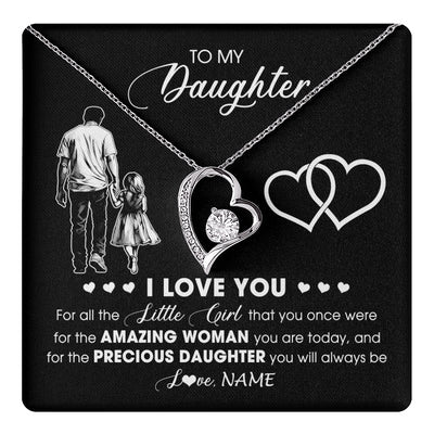 Forever Love Necklace 14K White Gold Finish | 1 | Personalized To My Daughter Necklace From Dad Father I Love You Little Girl Daughter Birthday Graduation Christmas Jewelry Customized Gift Box Message Card | teecentury