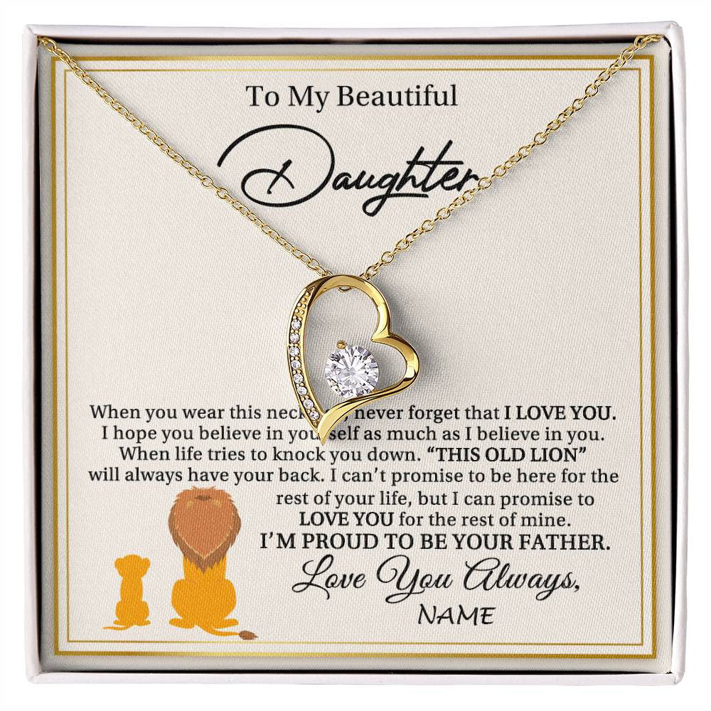 Forever Love Necklace 18K Yellow Gold Finish | 1 | Personalized To My Daughter Necklace From Dad Father I'M Proud To Be Your Father Lion Daughter Birthday Graduation Christmas Customized Gift Box Message Card | teecentury