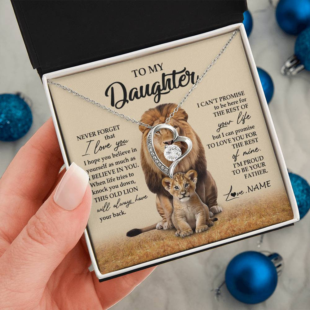 Forever Love Necklace 14K White Gold Finish | 2 | Personalized To My Daughter Necklace From Dad Father Lion Never Forget That I Love You Daughter Jewelry Birthday Graduation Christmas Customized Message Card | teecentury