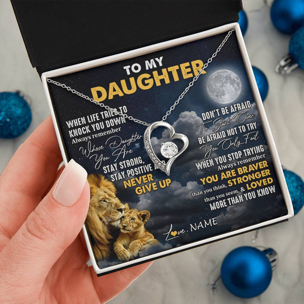 Forever Love Necklace 14K White Gold Finish | 2 | Personalized To My Daughter Necklace From Dad Father Lion Never Give Up Daughter Birthday Graduation Jewelry Christmas Customized Gift Box Message Card | teecentury
