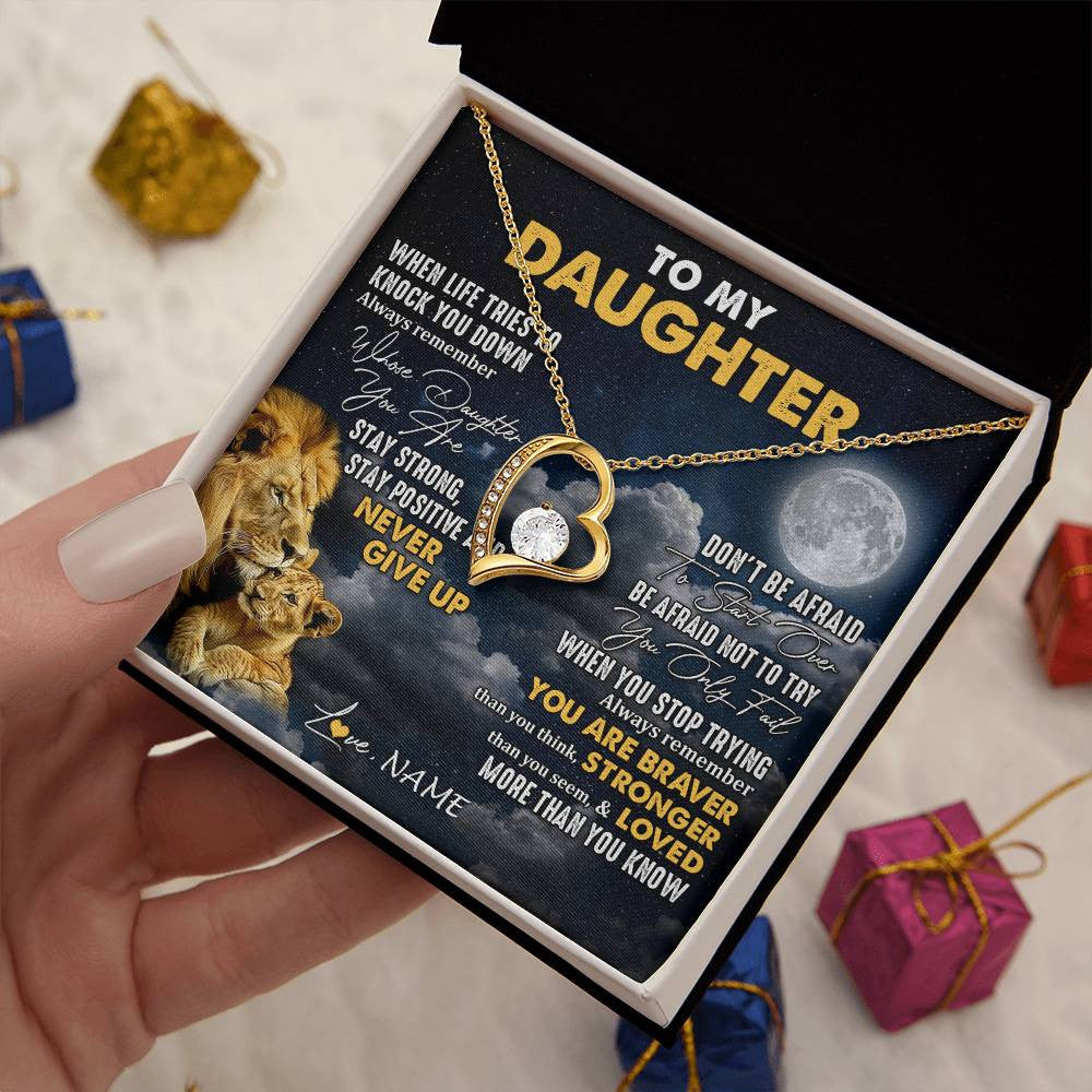 Forever Love Necklace 18K Yellow Gold Finish | 2 | Personalized To My Daughter Necklace From Dad Father Lion Never Give Up Daughter Birthday Graduation Jewelry Christmas Customized Gift Box Message Card | teecentury
