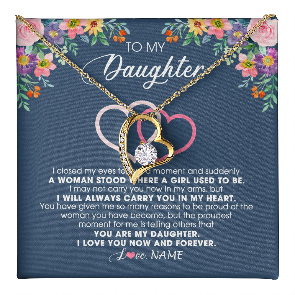 Forever Love Necklace 18K Yellow Gold Finish | 1 | Personalized To My Daughter Necklace From Dad Father Mom I Love You Now And Forever Jewelry For Daughter Birthday Graduation Christmas Customized Message Card | teecentury