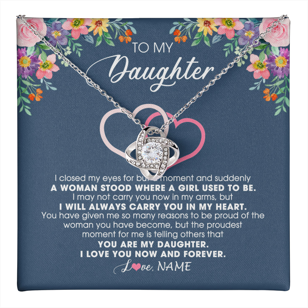 Love Knot Necklace 14K White Gold Finish | 1 | Personalized To My Daughter Necklace From Dad Father Mom I Love You Now And Forever Jewelry For Daughter Birthday Graduation Christmas Customized Message Card | teecentury