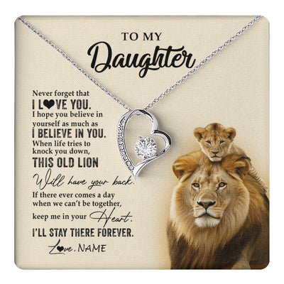 Forever Love Necklace 14K White Gold Finish | 1 | Personalized To My Daughter Necklace From Dad Father This Old Lion Never Forget I Love You Daughter Jewelry Birthday Christmas Customized Gift Box Message Card | teecentury