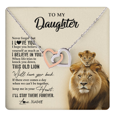 Interlocking Hearts Necklace Stainless Steel & Rose Gold Finish | 1 | Personalized To My Daughter Necklace From Dad Father This Old Lion Never Forget I Love You Daughter Jewelry Birthday Christmas Customized Gift Box Message Card | teecentury