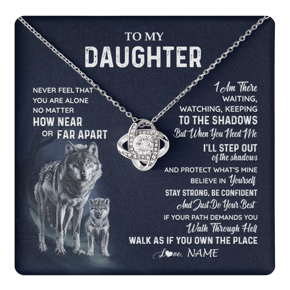 Love Knot Necklace 14K White Gold Finish | 1 | Personalized To My Daughter Necklace From Dad Mom Mother Never Feel You Are Alone Wolf Daughter Birthday Graduation Christmas Customized Gift Box Message Card | teecentury