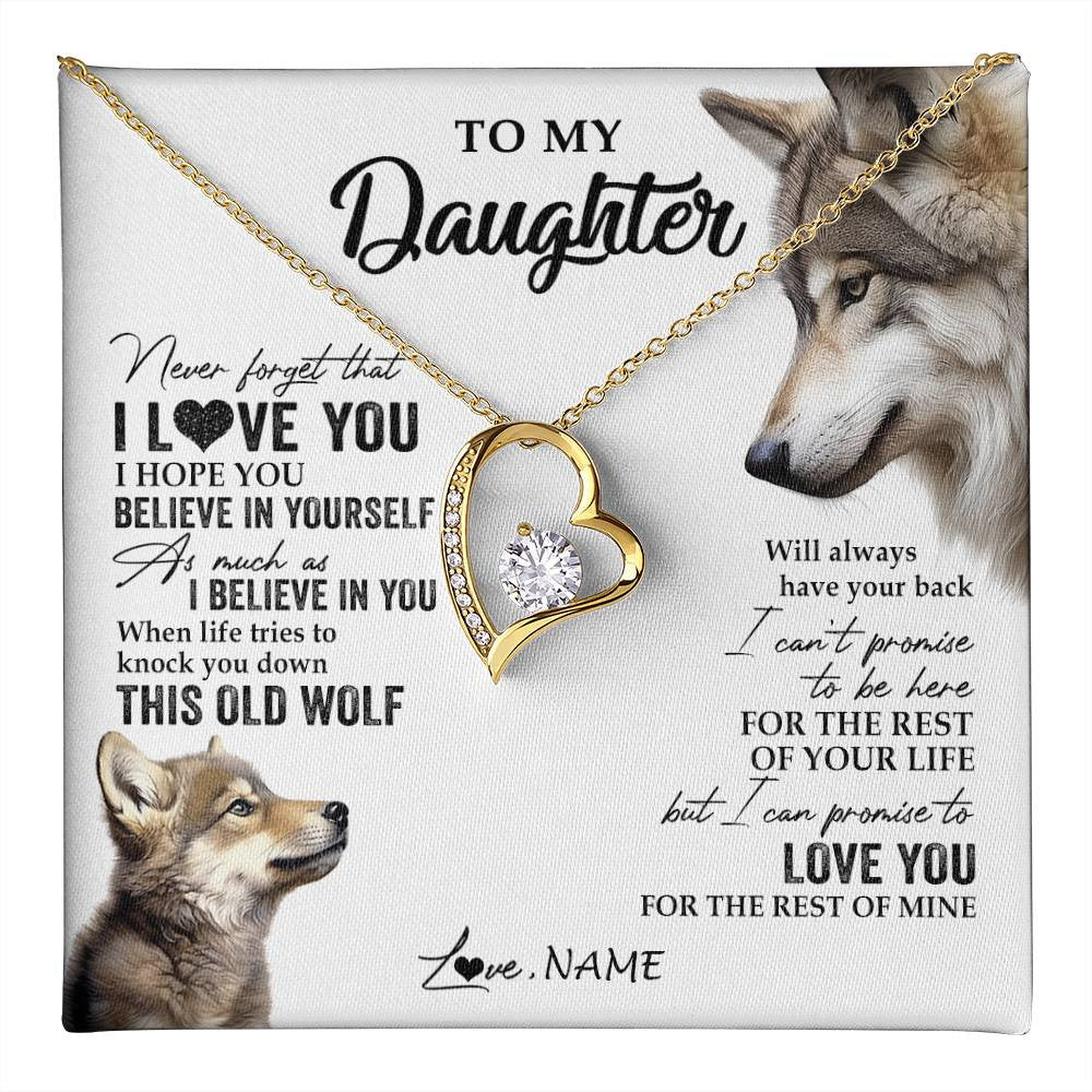 Forever Love Necklace 18K Yellow Gold Finish | 1 | Personalized To My Daughter Necklace From Dad Mom Mother This Old Wolf Love You Daughter Birthday Graduation Christmas Customized Gift Box Message Card | teecentury