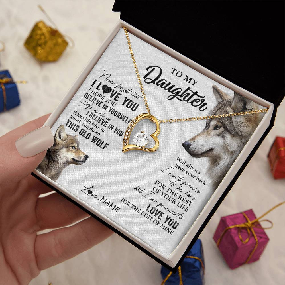 Forever Love Necklace 18K Yellow Gold Finish | 2 | Personalized To My Daughter Necklace From Dad Mom Mother This Old Wolf Love You Daughter Birthday Graduation Christmas Customized Gift Box Message Card | teecentury