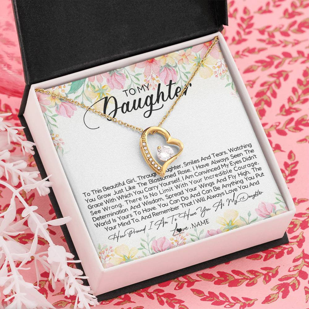 Forever Love Necklace 18K Yellow Gold Finish | Personalized To My Daughter Necklace From Dad Mom Mother To This Beautiful Girl Daughter Jewelry Birthday Graduation Christmas Customized Gift Box Message Card | teecentury