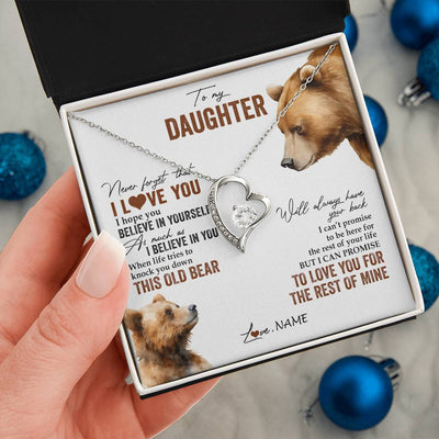 Forever Love Necklace 14K White Gold Finish | 2 | Personalized To My Daughter Necklace From Dad Mom Never Forget That I Love You Bear Daughter Birthday Graduation Christmas Customized Gift Box Message Card | teecentury