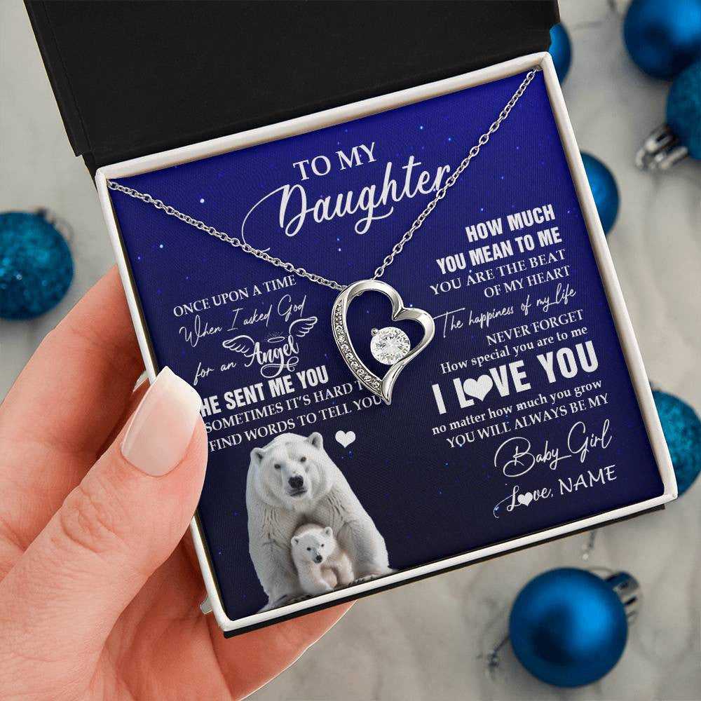 Forever Love Necklace 14K White Gold Finish | 2 | Personalized To My Daughter Necklace From Dad Mom Polar Bear Never Forget I Love You Daughter Birthday Graduation Christmas Customized Gift Box Message Card | teecentury