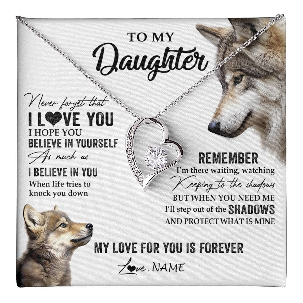 Forever Love Necklace 14K White Gold Finish | 1 | Personalized To My Daughter Necklace From Dad Mom Wolf My Love For You Is Forever Daughter Birthday Graduation Christmas Customized Gift Box Message Card | teecentury