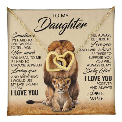 Interlocking Hearts Necklace 18K Yellow Gold Finish | 1 | Personalized To My Daughter Necklace From Dad Sometimes It's Hard Lion Daughter Gift Birthday Jewelry Graduation Christmas Customized Gift Box Message Card | teecentury