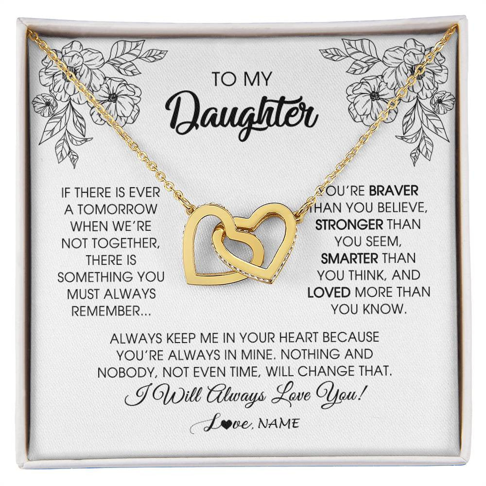 Interlocking Hearts Necklace 18K Yellow Gold Finish | Personalized To My Daughter Necklace From Mom Dad Father You're Braver Stronger Smarter Daughter Birthday Christmas Customized Jewelry Gift Box Message Card | teecentury