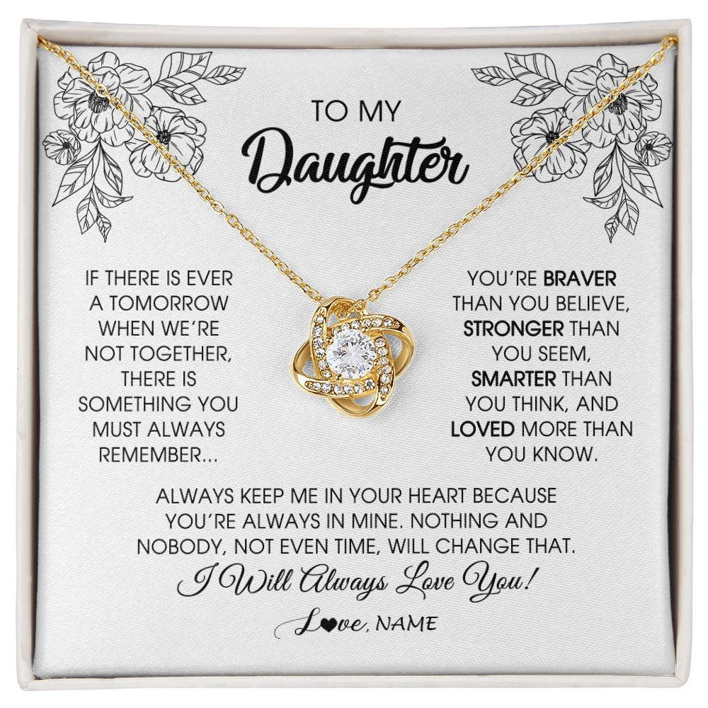 Love Knot Necklace 18K Yellow Gold Finish | Personalized To My Daughter Necklace From Mom Dad Father You're Braver Stronger Smarter Daughter Birthday Christmas Customized Jewelry Gift Box Message Card | teecentury