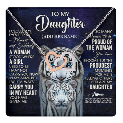 Interlocking Hearts Necklace Stainless Steel & Rose Gold Finish | 1 | Personalized To My Daughter Necklace From Mom Dad I Close My Eyes White Tiger Daughter Birthday Gift Graduation Christmas Jewelry Gift Box Message Card | https://teecentury.