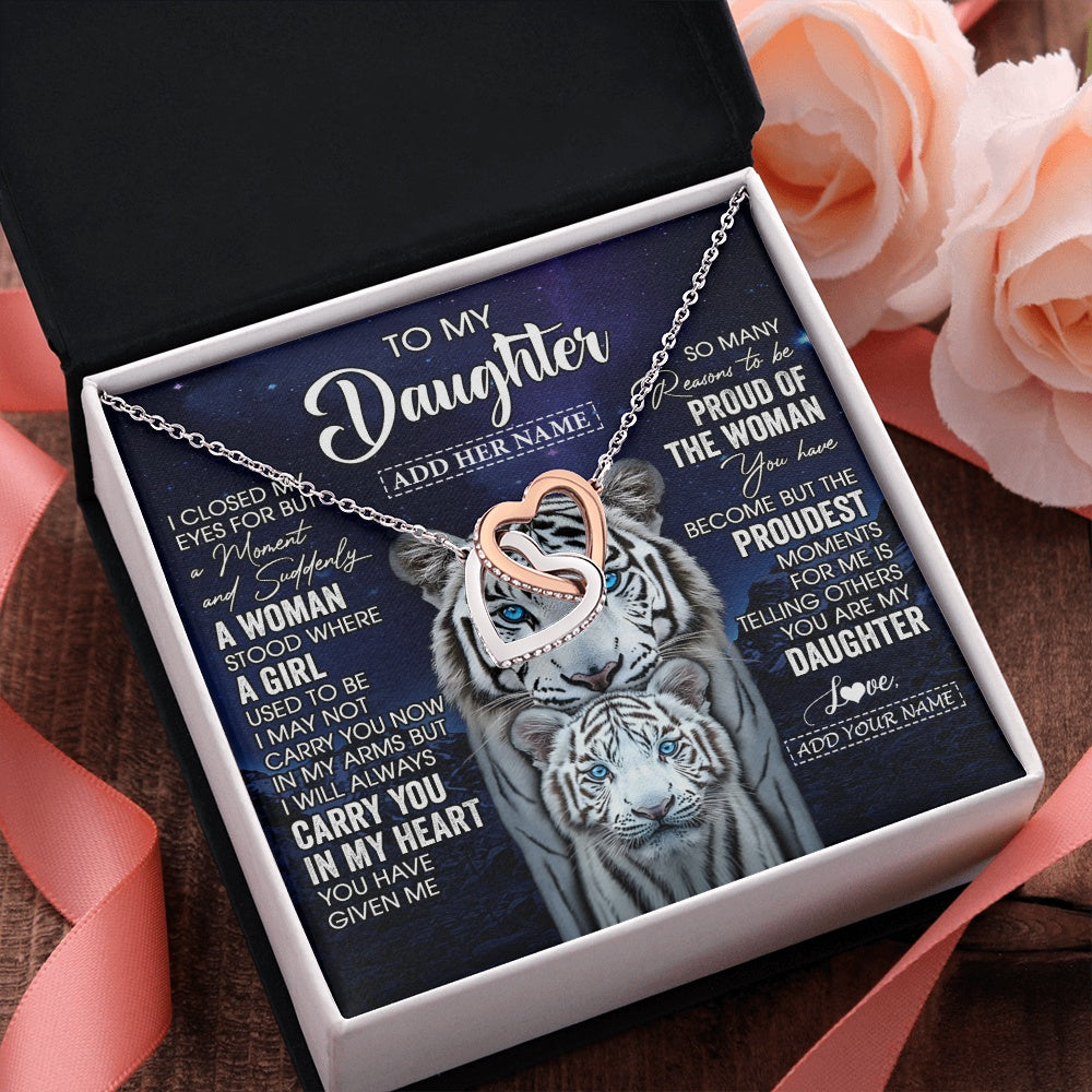 Interlocking Hearts Necklace Stainless Steel & Rose Gold Finish | 2 | Personalized To My Daughter Necklace From Mom Dad I Close My Eyes White Tiger Daughter Birthday Gift Graduation Christmas Jewelry Gift Box Message Card | https://teecentury.