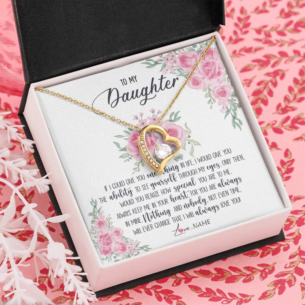 Forever Love Necklace 18K Yellow Gold Finish | Personalized To My Daughter Necklace From Mom Dad I Will Always Love You Daughter Birthday Christmas Jewelry Pendant Customized Gift Box Message Card | teecentury