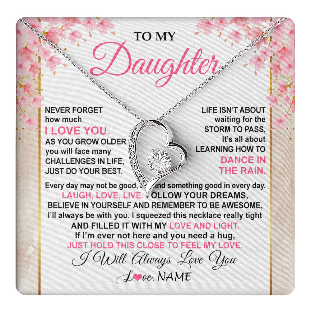 Forever Love Necklace 14K White Gold Finish | 1 | Personalized To My Daughter Necklace From Mom Dad Inspirational I Love You Daughter Birthday Jewelry Graduation Christmas Customized Gift Box Message Card | teecentury