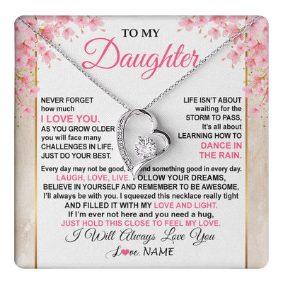 Forever Love Necklace 14K White Gold Finish | 1 | Personalized To My Daughter Necklace From Mom Dad Inspirational I Love You Daughter Birthday Jewelry Graduation Christmas Customized Gift Box Message Card | teecentury