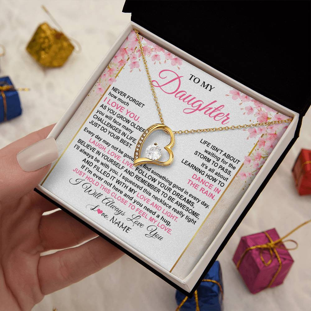Forever Love Necklace 18K Yellow Gold Finish | 2 | Personalized To My Daughter Necklace From Mom Dad Inspirational I Love You Daughter Birthday Jewelry Graduation Christmas Customized Gift Box Message Card | teecentury