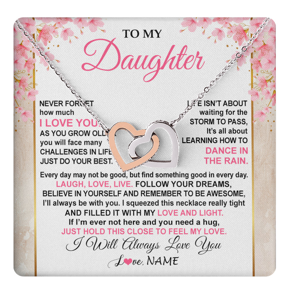 Interlocking Hearts Necklace Stainless Steel & Rose Gold Finish | 1 | Personalized To My Daughter Necklace From Mom Dad Inspirational I Love You Daughter Birthday Jewelry Graduation Christmas Customized Gift Box Message Card | teecentury