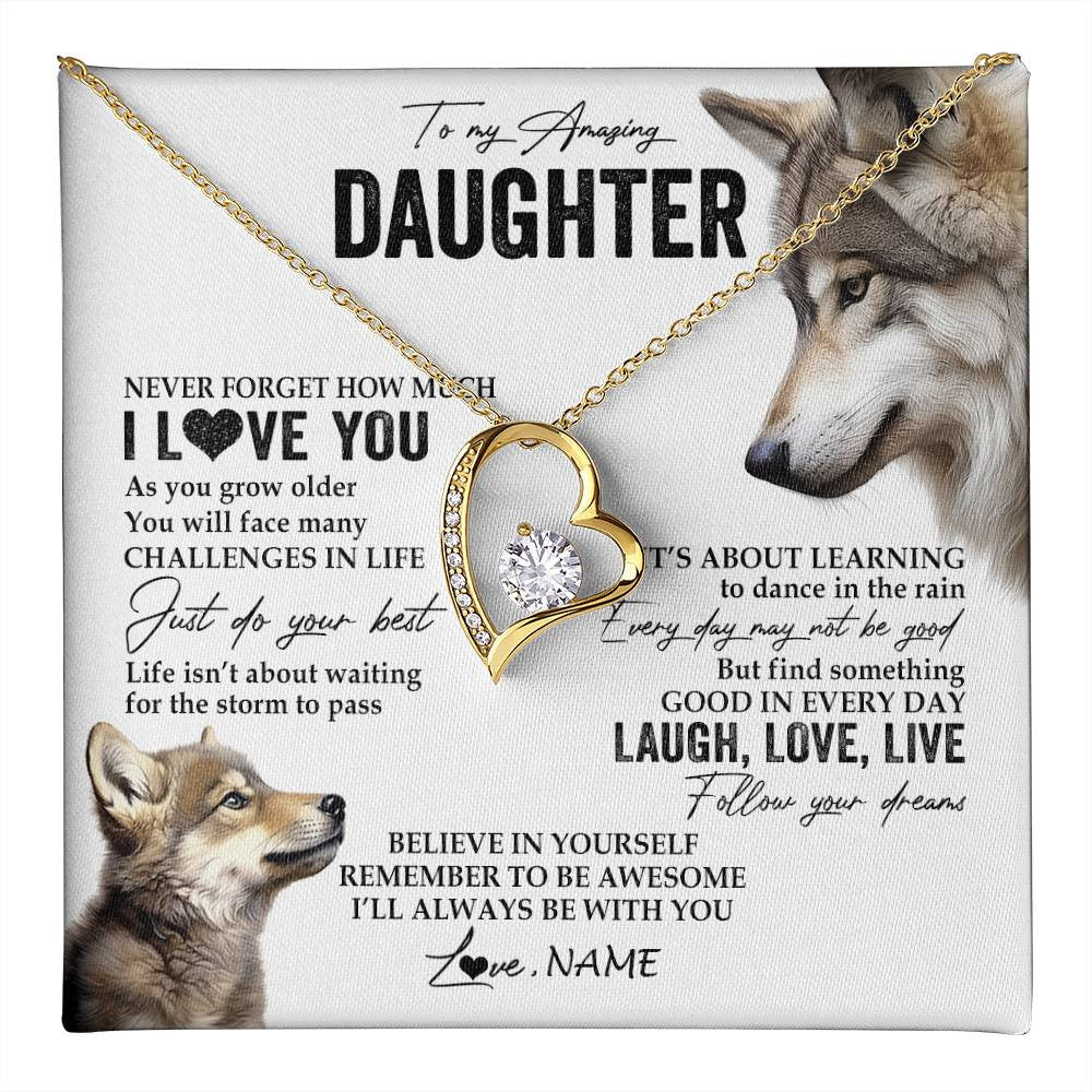 Forever Love Necklace 18K Yellow Gold Finish | 1 | Personalized To My Daughter Necklace From Mom Dad Just Do You Best Laugh Love Live Wolf Daughter Birthday Graduation Christmas Customized Gift Box Message Card | teecentury