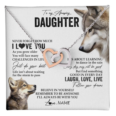 Interlocking Hearts Necklace Stainless Steel & Rose Gold Finish | 1 | Personalized To My Daughter Necklace From Mom Dad Just Do You Best Laugh Love Live Wolf Daughter Birthday Graduation Christmas Customized Gift Box Message Card | teecentury