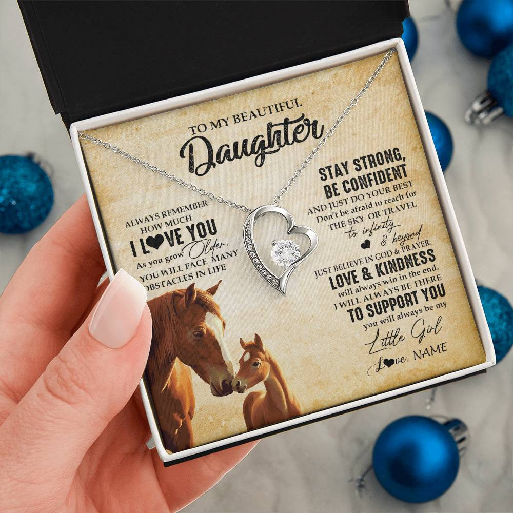 Forever Love Necklace 14K White Gold Finish | 2 | Personalized To My Daughter Necklace From Mom Dad Mother Always Remember I Love You Horse Daughter Birthday Jewelry Christmas Customized Gift Box Message Card | teecentury