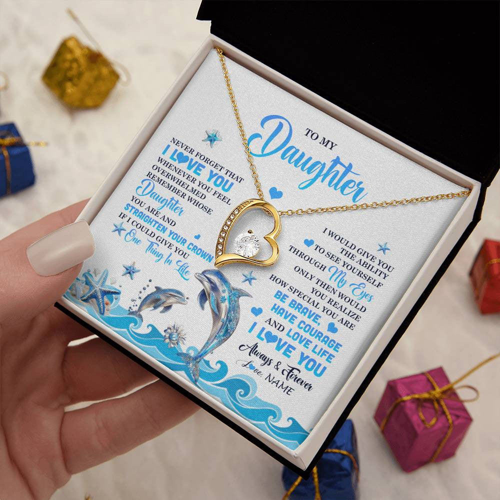 Forever Love Necklace 18K Yellow Gold Finish | 2 | Personalized To My Daughter Necklace From Mom Dad Mother Dophin Never Forget I Love You Daughter Birthday Jewelry Christmas Customized Gift Box Message Card | teecentury