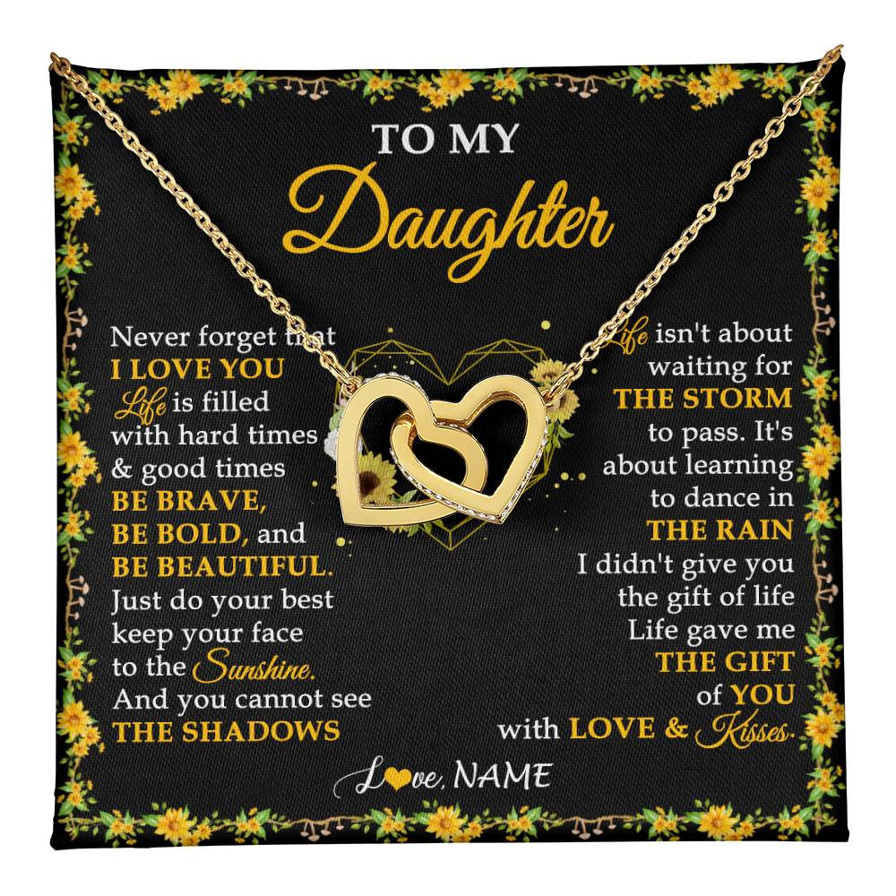Interlocking Hearts Necklace 18K Yellow Gold Finish | 1 | Personalized To My Daughter Necklace From Mom Dad Mother Father I Love You Sunflower Daughter Birthday Jewelry Christmas Customized Gift Box Message Card | teecentury