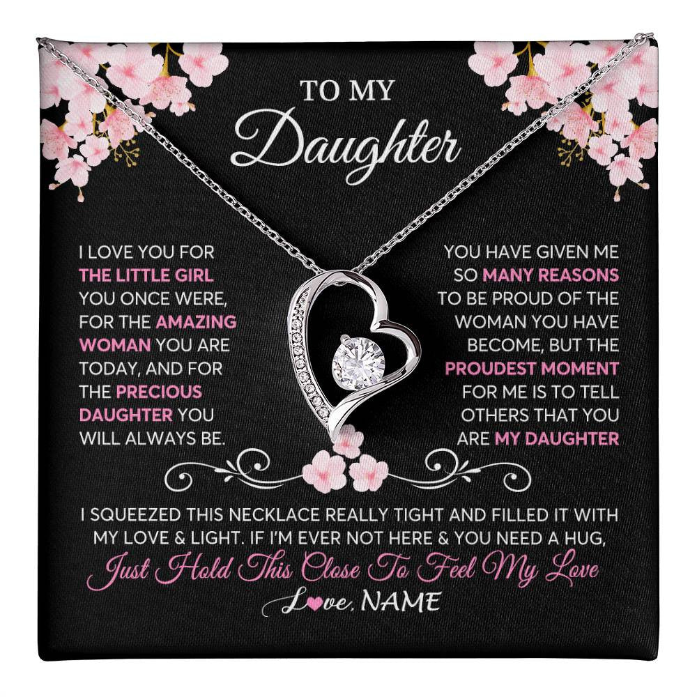 Forever Love Necklace 14K White Gold Finish | 1 | Personalized To My Daughter Necklace From Mom Dad Mother Father Love You Little Girl Daughter Birthday Jewelry Christmas Customized Gift Box Message Card | teecentury
