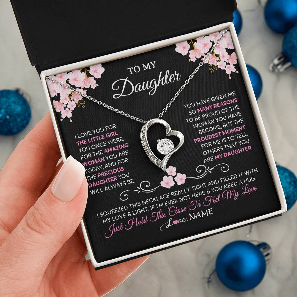 Forever Love Necklace 14K White Gold Finish | 2 | Personalized To My Daughter Necklace From Mom Dad Mother Father Love You Little Girl Daughter Birthday Jewelry Christmas Customized Gift Box Message Card | teecentury