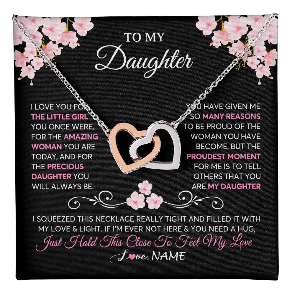 Interlocking Hearts Necklace Stainless Steel & Rose Gold Finish | 1 | Personalized To My Daughter Necklace From Mom Dad Mother Father Love You Little Girl Daughter Birthday Jewelry Christmas Customized Gift Box Message Card | teecentury