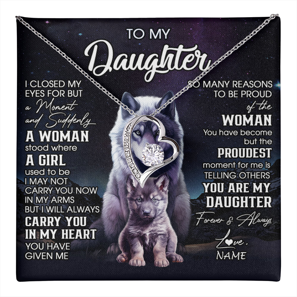 Forever Love Necklace 14K White Gold Finish | 1 | Personalized To My Daughter Necklace From Mom Dad Mother I Close My Eyes Wolf Daughter Birthday Gifts Graduation Christmas Customized Gift Box Message Card | teecentury