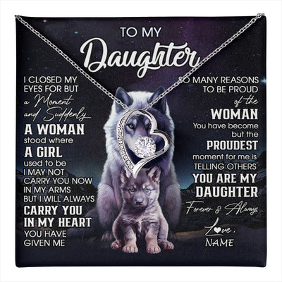 Forever Love Necklace 14K White Gold Finish | 1 | Personalized To My Daughter Necklace From Mom Dad Mother I Close My Eyes Wolf Daughter Birthday Gifts Graduation Christmas Customized Gift Box Message Card | teecentury