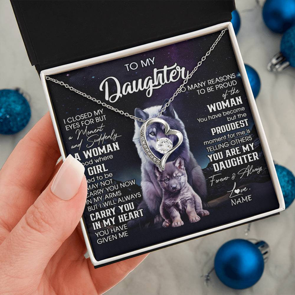 Forever Love Necklace 14K White Gold Finish | 2 | Personalized To My Daughter Necklace From Mom Dad Mother I Close My Eyes Wolf Daughter Birthday Gifts Graduation Christmas Customized Gift Box Message Card | teecentury