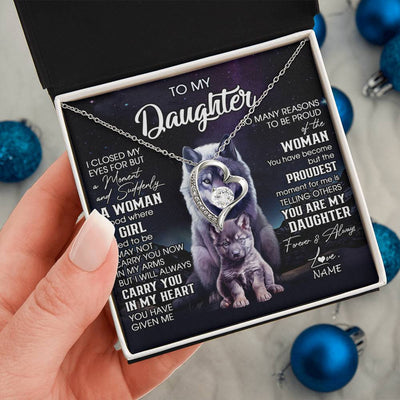 Forever Love Necklace 14K White Gold Finish | 2 | Personalized To My Daughter Necklace From Mom Dad Mother I Close My Eyes Wolf Daughter Birthday Gifts Graduation Christmas Customized Gift Box Message Card | teecentury