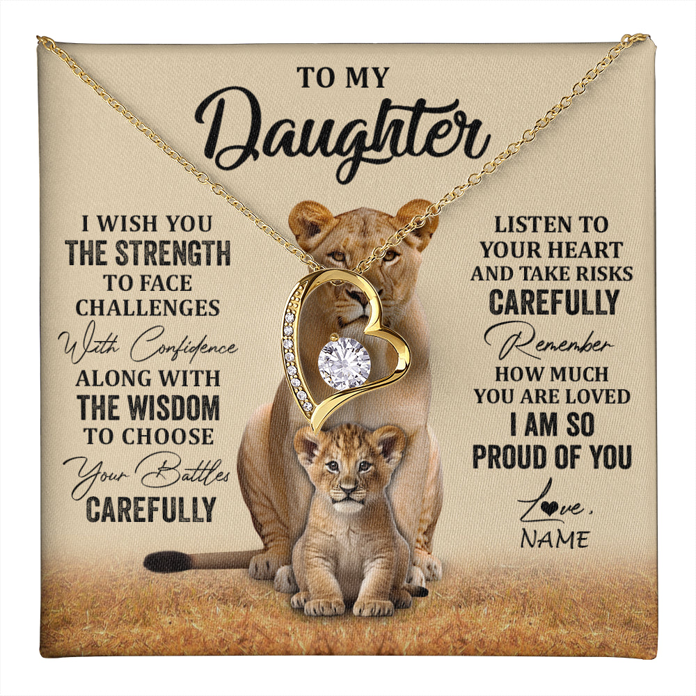 Forever Love Necklace 18K Yellow Gold Finish | 1 | Personalized To My Daughter Necklace From Mom Dad Mother I Wish You The Strength Lion Daughter Birthday Graduation Christmas Customized Gift Box Message Card | teecentury