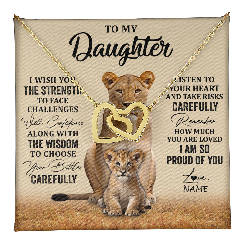 Interlocking Hearts Necklace 18K Yellow Gold Finish | 1 | Personalized To My Daughter Necklace From Mom Dad Mother I Wish You The Strength Lion Daughter Birthday Graduation Christmas Customized Gift Box Message Card | teecentury