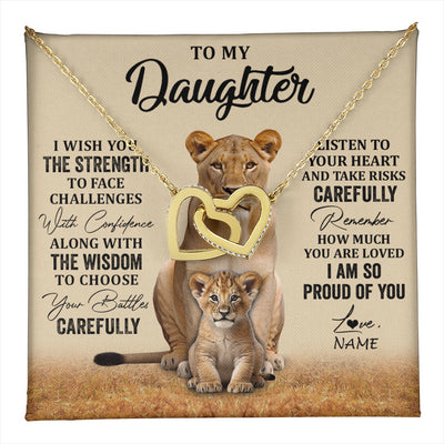 Interlocking Hearts Necklace 18K Yellow Gold Finish | 1 | Personalized To My Daughter Necklace From Mom Dad Mother I Wish You The Strength Lion Daughter Birthday Graduation Christmas Customized Gift Box Message Card | teecentury