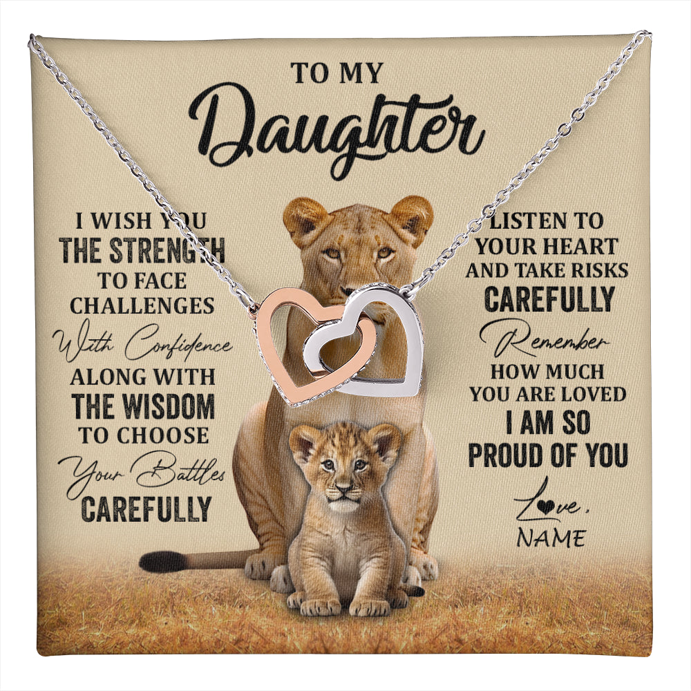 Interlocking Hearts Necklace Stainless Steel & Rose Gold Finish | 1 | Personalized To My Daughter Necklace From Mom Dad Mother I Wish You The Strength Lion Daughter Birthday Graduation Christmas Customized Gift Box Message Card | teecentury