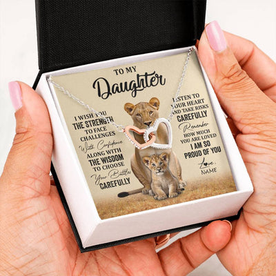 Interlocking Hearts Necklace Stainless Steel & Rose Gold Finish | 2 | Personalized To My Daughter Necklace From Mom Dad Mother I Wish You The Strength Lion Daughter Birthday Graduation Christmas Customized Gift Box Message Card | teecentury