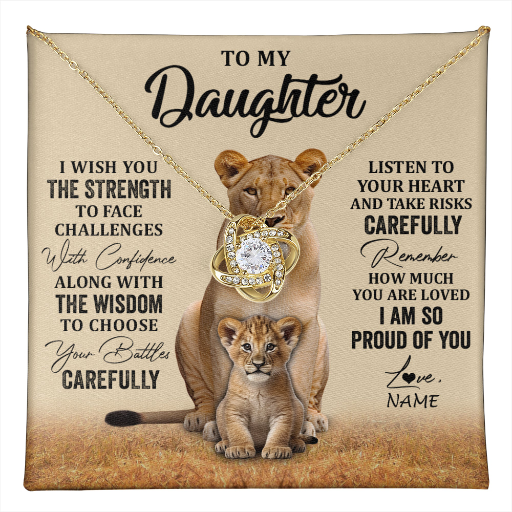 Love Knot Necklace 18K Yellow Gold Finish | 1 | Personalized To My Daughter Necklace From Mom Dad Mother I Wish You The Strength Lion Daughter Birthday Graduation Christmas Customized Gift Box Message Card | teecentury