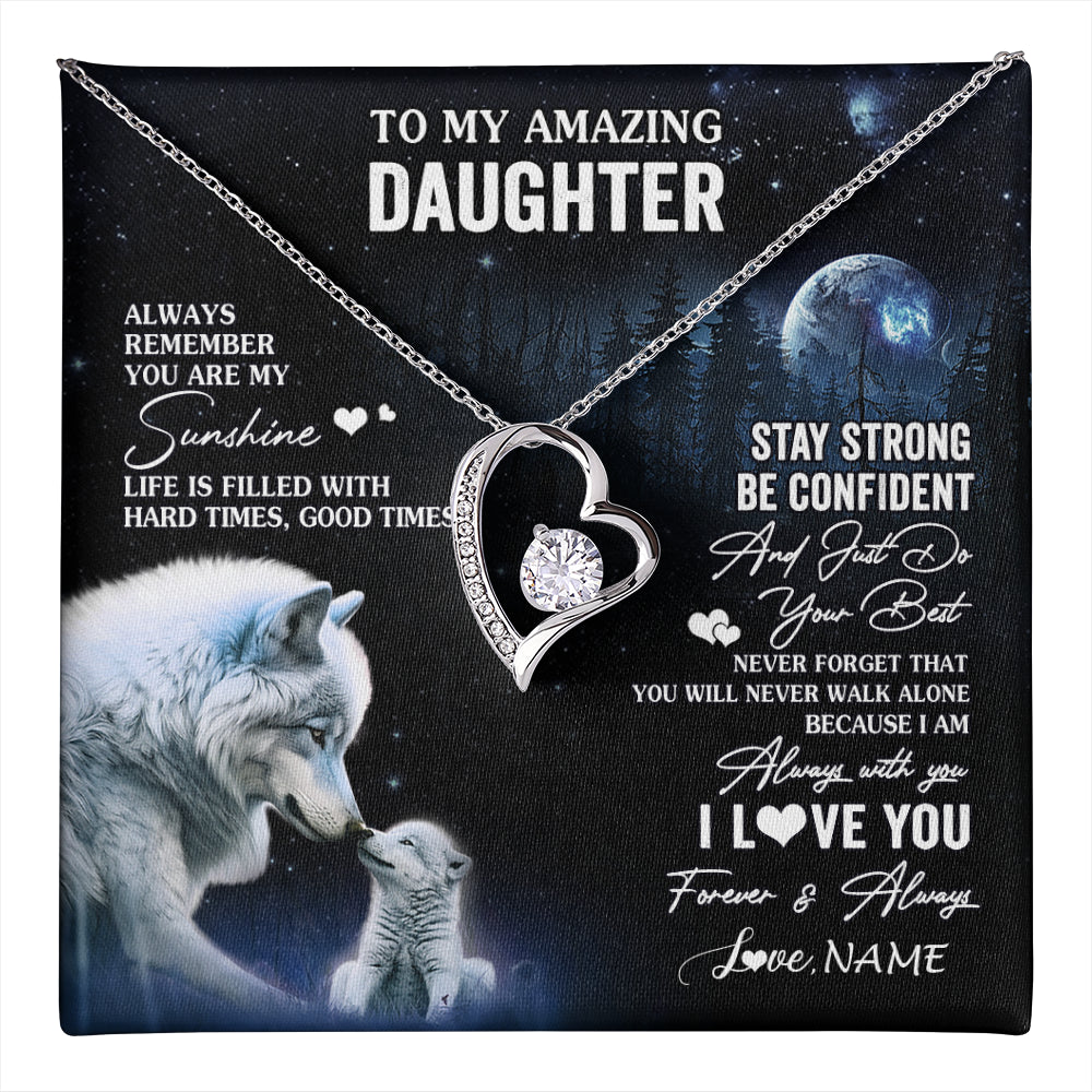 Forever Love Necklace 14K White Gold Finish | 1 | Personalized To My Daughter Necklace From Mom Dad Mother Moon Wolf Daughter Birthday Gifts Jewelry Graduation Christmas Customized Gift Box Message Card | teecentury