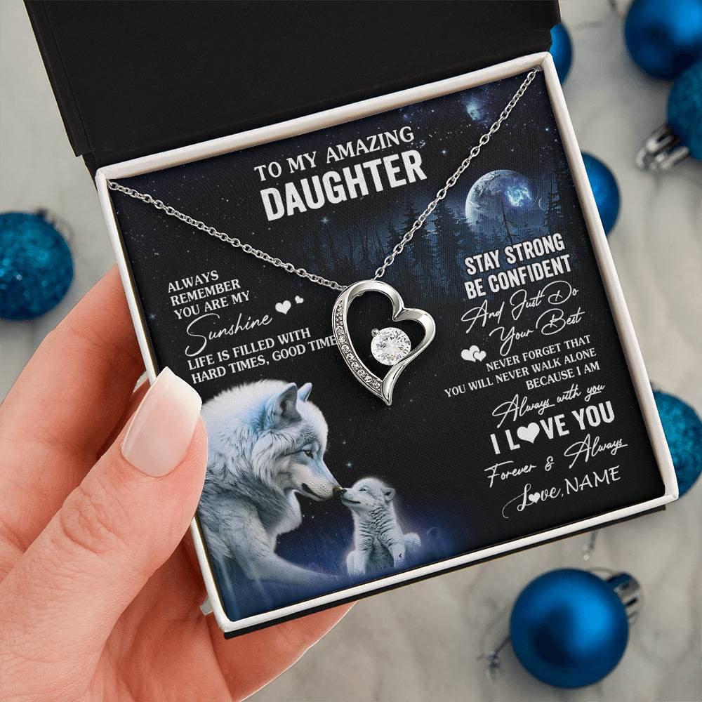 Forever Love Necklace 14K White Gold Finish | 2 | Personalized To My Daughter Necklace From Mom Dad Mother Moon Wolf Daughter Birthday Gifts Jewelry Graduation Christmas Customized Gift Box Message Card | teecentury