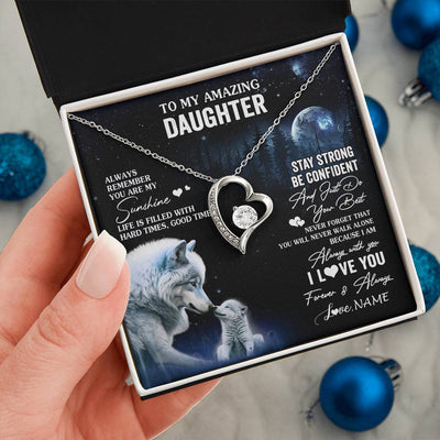 Forever Love Necklace 14K White Gold Finish | 2 | Personalized To My Daughter Necklace From Mom Dad Mother Moon Wolf Daughter Birthday Gifts Jewelry Graduation Christmas Customized Gift Box Message Card | teecentury